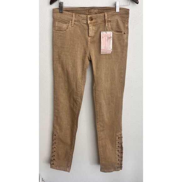 Stradivarius Lace-Up Skinny Jeans Brown Stretch Mid Rise Size 8 Boho Western - Picture 1 of 7
